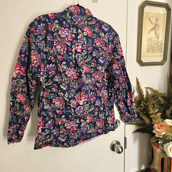 Vintage 90s Y2K Botanical Floral Navy Blue Womens 100% Cotton Button Up Shirt - Picture 8 of 13